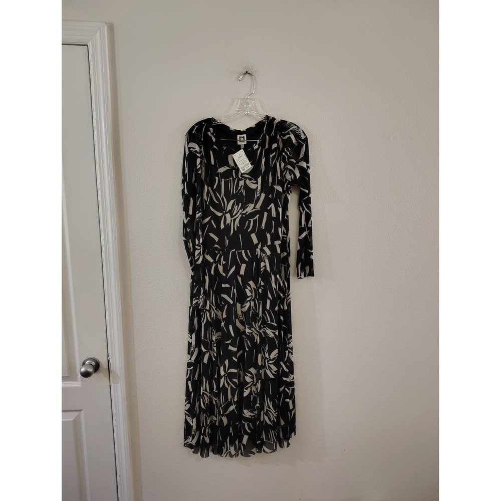 Anne Klein Black Cream Abstract Mesh Long Sleeve Pleated Midi Dress NWT Large